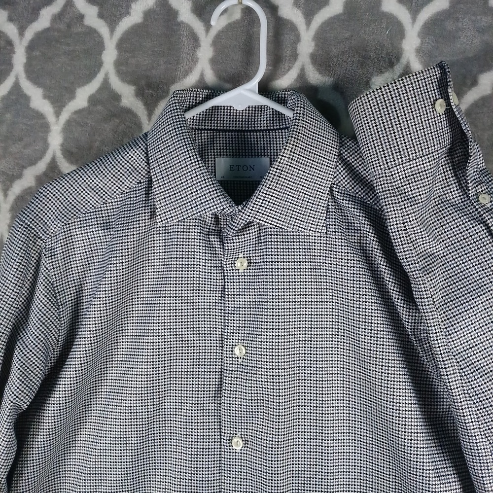 ETON Contemporary Dress Shirt Men 42 16.5 Black Gray White Houndstooth Romania